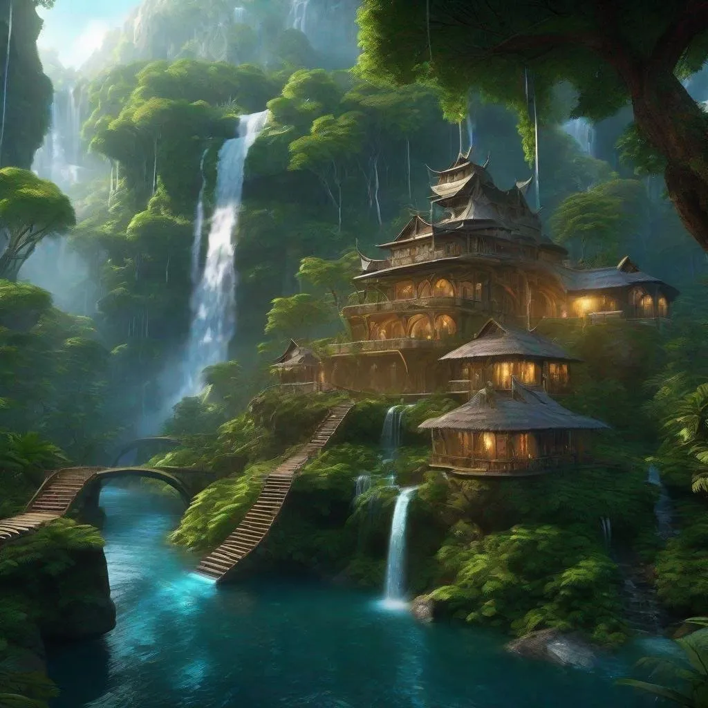 Prompt: Envision a civilization near a glowing waterfall in a lush forest. Fantasy, another dimension. Hyperrealistic, UHD, HD, 8K, houses, beautiful, highly detailed