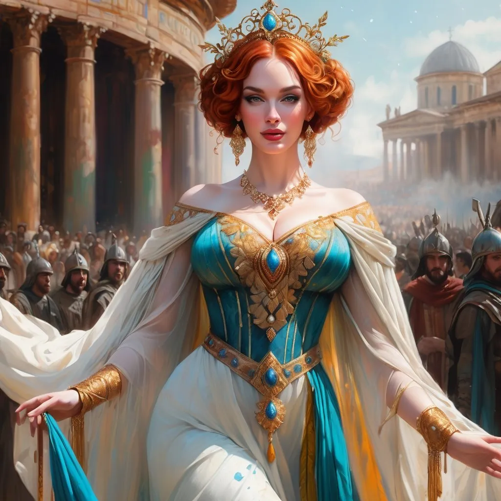 Prompt: photo-realistic, Christina Hendricks, hyper-realistic, in the style of Marc Simonetti, Carne Griffiths, Conrad Roset, the young and stunningly beautiful byzantine greek irene angelina, queen consort of germany, time travels from the 12th century to take center stage in a vaudeville production, wearing her beautiful robes and jewels, 8k 