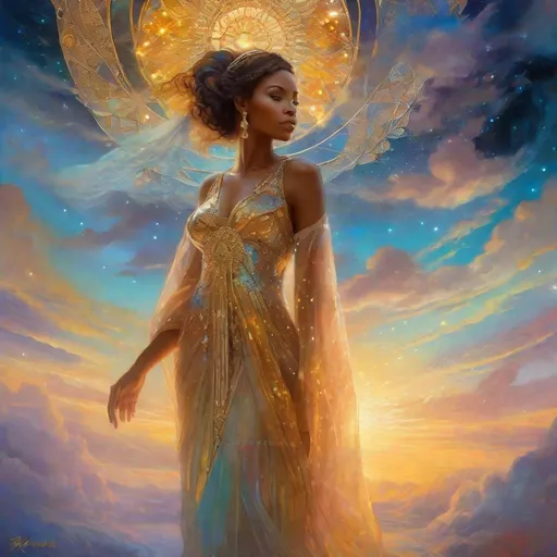 Prompt: “South African Woman in Galactic Dress at Twilight 1” Alphonse Mucha,  8k resolution holographic astral cosmic illustration mixed media by Pablo Amaringo  ethereal fantasy hyperdetailed mist Thomas Kinkade surrealism  melting oil on canvas heavenly sunshine beams divine bright soft focus holy in the clouds