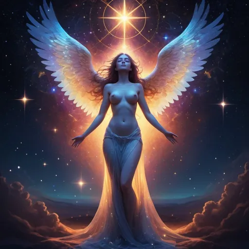 Prompt: Full hour-glass shaped female body , Ethereal celestial beings, angelic female figure in a vibrant realm, twilight ambiance, mystical whispers, soaring above earthly realm, emotional connection portrayed, beauty within sorrow, unnamed star constellations, intense and surreal colors, intricate and detailed design, emotional depth through symbolic elements, digital artwork, glowing light sources, soft warm lighting, conveying hope and presence, ArtStation.