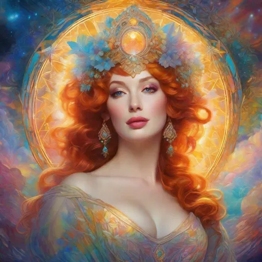 Prompt: Christina Hendricks, Neon Ethereal elemental (Adorable). Alphonse Mucha,  8k resolution holographic astral cosmic illustration mixed media by Pablo Amaringo  ethereal fantasy hyperdetailed mist Thomas Kinkade surrealism  melting oil on canvas heavenly sunshine beams divine bright soft focus holy in the clouds