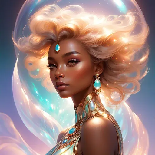 Prompt: Beautiful translucent ethereal light brown skin woman ethereal light being in the form of a human is wearing the chalcedony jewel, vibrant, bold