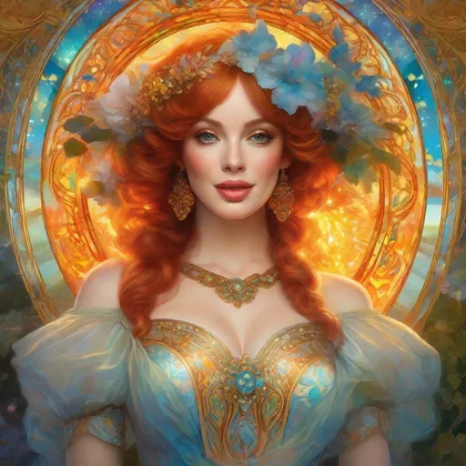 Prompt: Christina Hendricks, fire elemental salamanders (Adorable). Alphonse Mucha,  8k resolution holographic astral cosmic illustration mixed media by Pablo Amaringo  ethereal fantasy hyperdetailed mist Thomas Kinkade surrealism  melting oil on canvas heavenly sunshine beams divine bright soft focus holy in the clouds