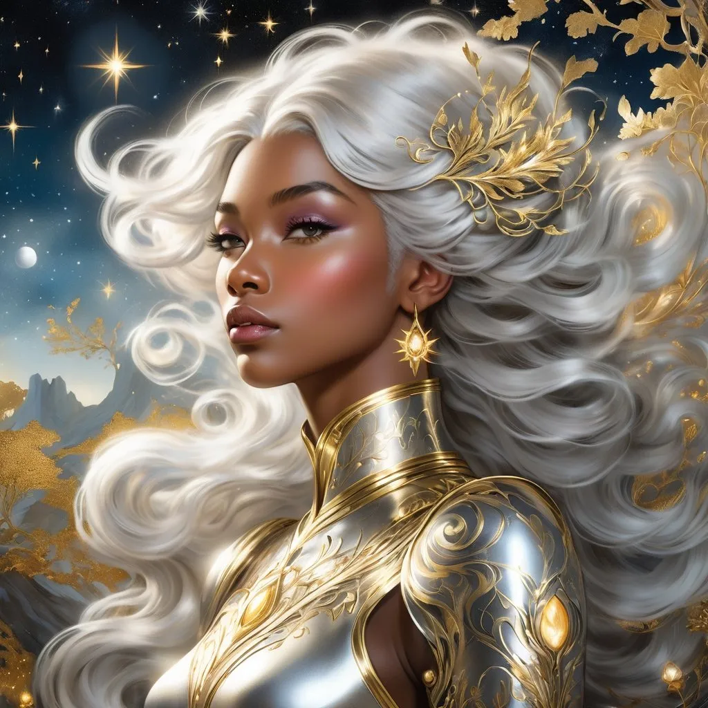 Prompt: ebony women, silver-haired, will-o'-the-wisp golden hypermaximalism pencil illustration, celestial and ethereal manifestation of rococo fantastical ephemeral chaotic dreams and fantastical creatures in a terragenaic landscape, gold leaf everything 