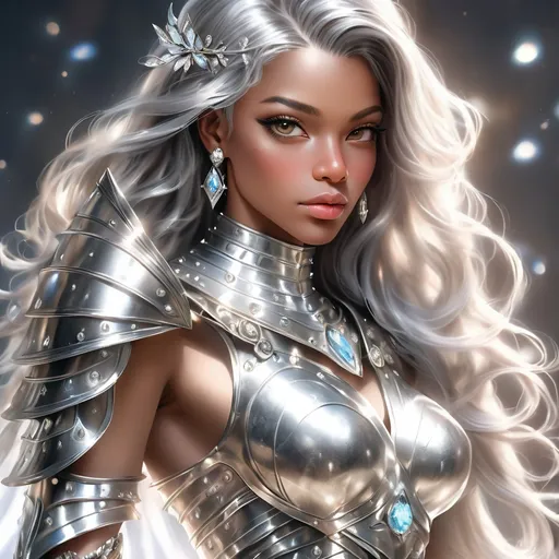 Prompt: a detailed full body portrait of an light skin ebony woman, silver haired, a beautiful, everything glows, shimmers, a mysterious haze around, small details high image detail 120k, fine detailed drawing, professional photo, HDR, UltraHD, a lot of details, pixel study, 3D, detail, photorealism, majestic, stunning, elegant, brillant, sumptuous, magnificent, Olympian, effulgent, refulgent, fantasy, lovely, epic, fairy, with jewelry, long hair, warrior, wearing diamond encrusted armor, mystic, 