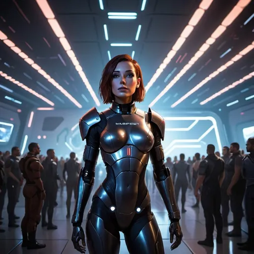 Prompt: a woman in a futuristic suit standing in a room with a lot of lights on the ceiling and a lot of people in the background, Eve Ryder, retrofuturism, mass effect, cyberpunk art