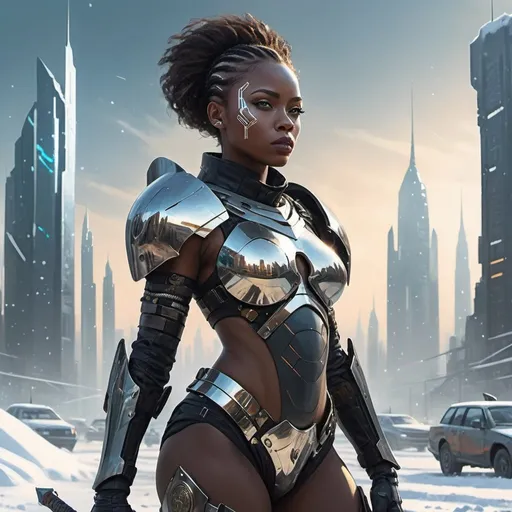 Prompt: an African light skin woman in a futuristic suit holding a sword and shield in the snow with a city in the background, Aleksi Briclot, retrofuturism, armor, cyberpunk art