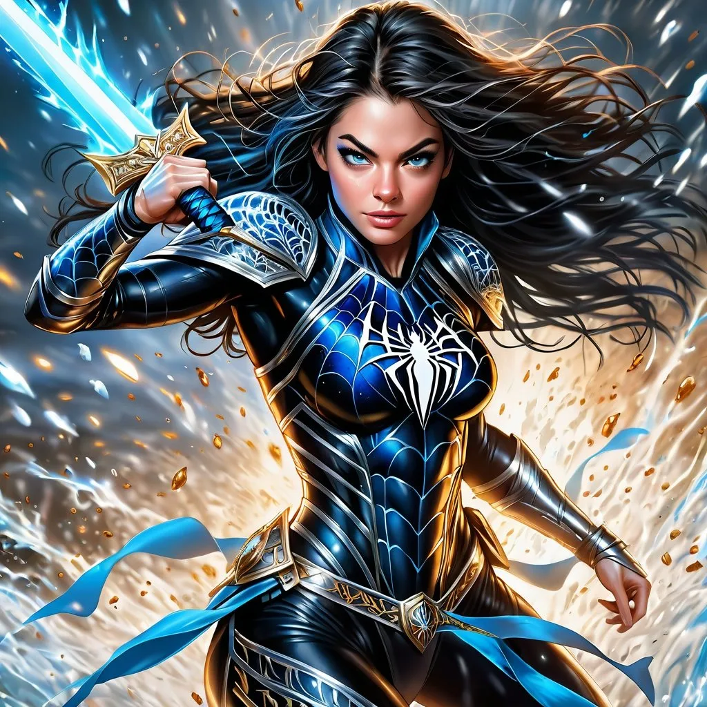 Prompt: Emma stone, spider woman, Full body visible, oil painting, Splash image, combat pose, beautiful, athletic human cleric ((beautiful detailed face and eyes)), Black hair, glowing eyes, intricate detailed outfit, intricate hyper detailed hair, intricate fantasy small bathing suit armor glowing blue ((abs showing)). combat picture with her fighting off a horde of undead with a sword ((proper one bladed sword with handle to grip)). Muscular abs. intricate hyper detailed hair, intricate hyper detailed eyelashes, intricate hyper detailed shining pupils, #3238, UHD, hd , 8k eyes, detailed face, 8k eyes, intricate details, insanely detailed, masterpiece, cinematic lighting, 8k, complementary colors, golden ratio, octane render, volumetric lighting, unreal 5, artwork, concept art, cover, top model, light on hair colorful gritty hyperdetailed background of a battle. ultra-fine details, hyper-focused, deep colors, dramatic lighting, ambient lighting | by sakimi chan, artgerm, wlop, pixiv, tumblr, instagram, deviantart, abs exposes, full body image
