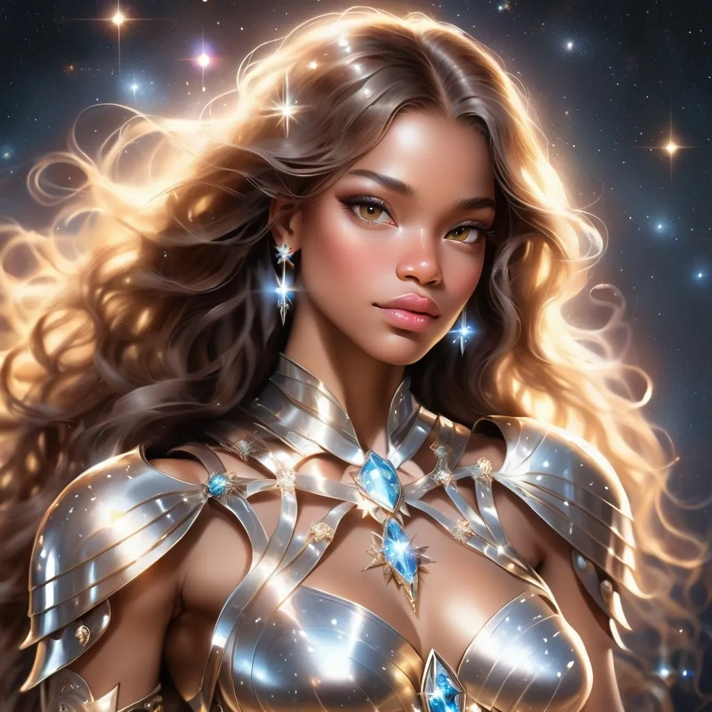 Prompt: a detailed full body portrait of a light skin ebony woman, shimmering glowing hair, a beautiful, everything glows, shimmers, unnamed mysterious stars around, small details high image detail 120k, fine detailed drawing, professional photo, HDR, UltraHD, a lot of details, pixel study, 3D, detail, photorealism, majestic, stunning, elegant, brillant, sumptuous, magnificent, Olympian, effulgent, refulgent, fantasy, lovely, epic, fairy, with jewelry, long hair, warrior, wearing diamond encrusted armor, mystic, 