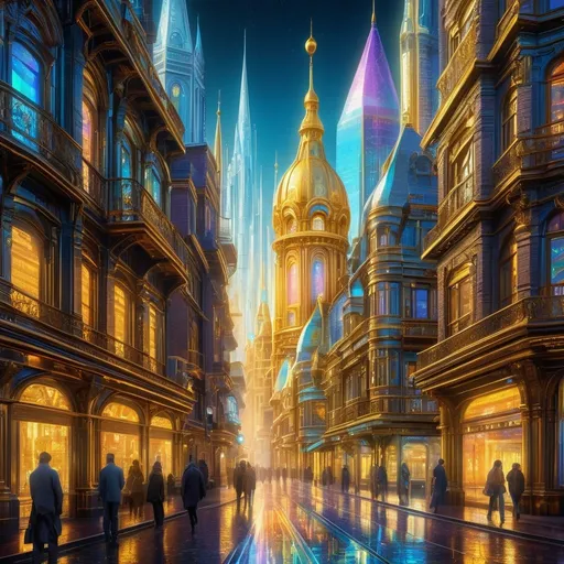 Prompt: Holographic art, vibrant gold silver colors, Golden age cityscape, holographic elements, high-tech environment, detailed victorian architecture, surreal atmosphere, holographic art style, vivid and otherworldly, best quality, highres, ultra-detailed, futuristic, vibrant colors, holographic, surreal, detailed architecture, professional, atmospheric lighting