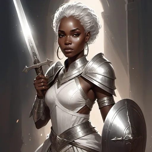 Prompt: an African woman in a white detailed armored dress holding a sword and a shield with a light shining on her face and a sword in her hand, silver hair, Charlie Bowater, fantasy art, epic fantasy character art, concept art