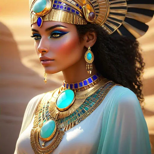 Prompt: Beautiful egyptian woman ethereal light being in the form of a human is wearing the chalcedony jewel, vibrant, bold