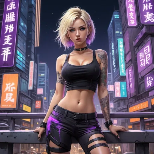 Prompt: Pencil-drawn anime illustration Beautiful Blonde purple highlights unique hairdo female showing full cleavage wearing a black tank crop top, leggings combat boots and tattoos detailed, 8k, high resolution, futuristic buildings, neon city lights, Japanese signs flashing