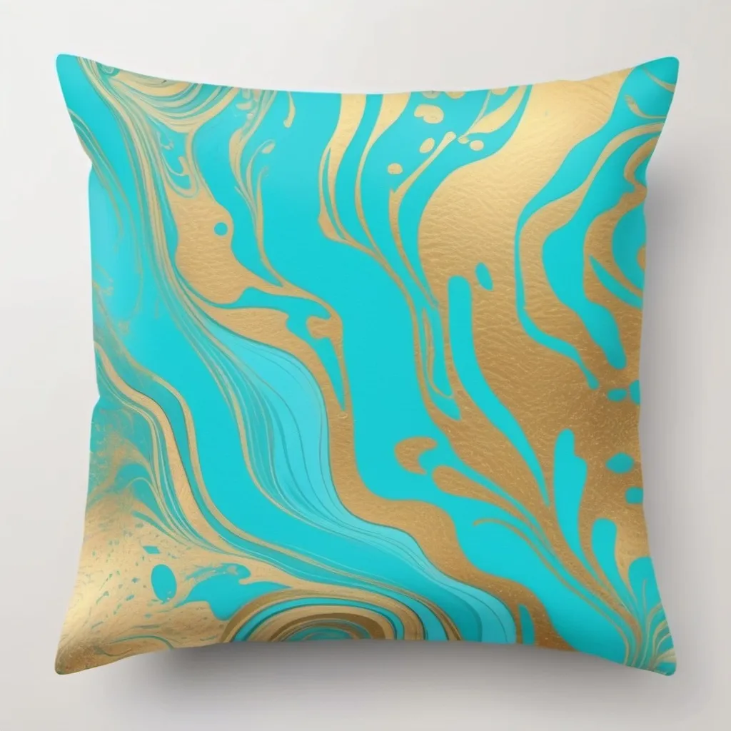 Prompt: Cool cute marbled themed print skin colorful patterns for deco fabrics designed by a nyc creative studio original trends 2024 with trendy turquoise and golden color palette, applied to cushions mock up