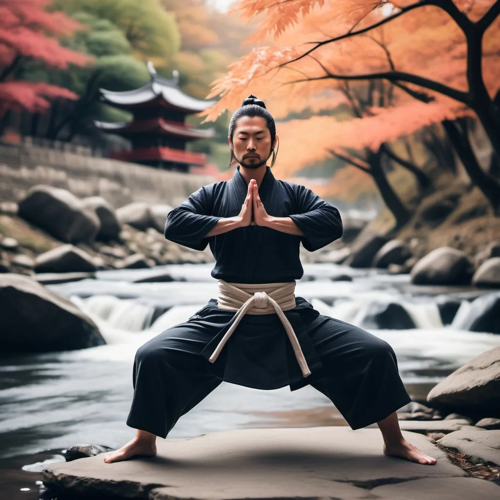 Prompt: Create a samurai by a river fall doing yoga 