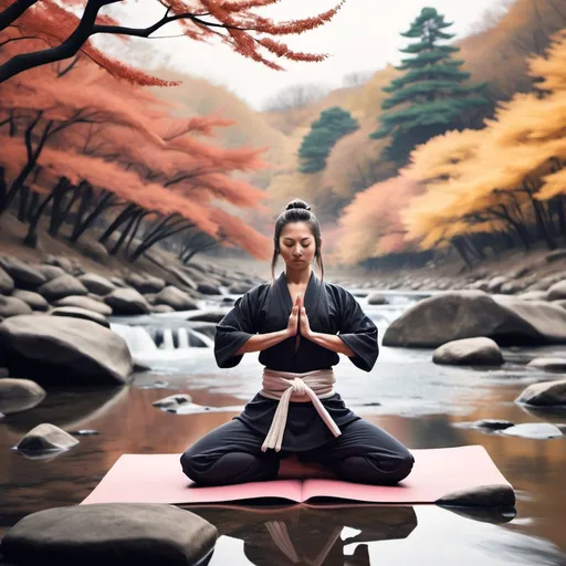 Prompt: Create a samurai by a river fall doing yoga 