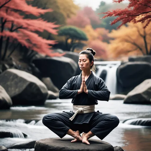 Prompt: Create a samurai by a river fall doing yoga 