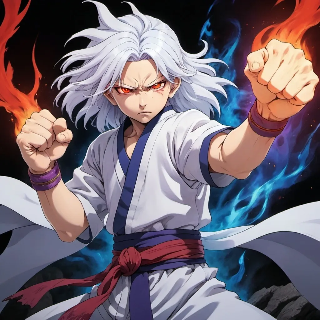 Prompt: (anime style 10-year-old boy, mix of Satoru Gojo and Suguru Geto), intricate details, long white hair, purple eye colour , intense aura, captivating and otherworldly atmosphere, fight expression, fists covered with red and blue flame, Biblically accurate blue eye seraphim standing behind him, 