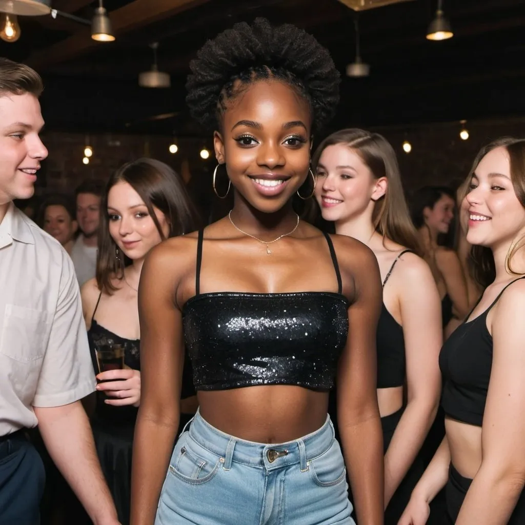 Prompt: a black girl in a crop top she is at a party and she is 17