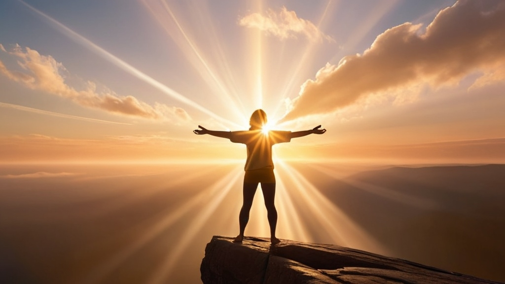 Prompt: A person standing at the edge of a peaceful sunrise, arms outstretched, as golden rays of light break through the sky. The atmosphere is filled with serenity and quiet strength. The sun represents grace, and the silhouette symbolizes inner power, radiating calm confidence.