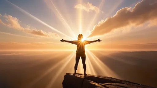 Prompt: A person standing at the edge of a peaceful sunrise, arms outstretched, as golden rays of light break through the sky. The atmosphere is filled with serenity and quiet strength. The sun represents grace, and the silhouette symbolizes inner power, radiating calm confidence.