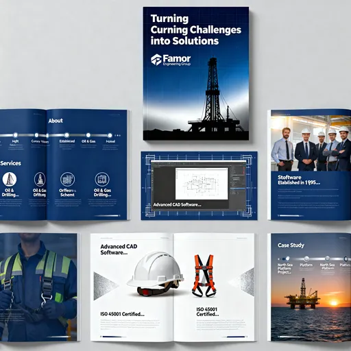 Prompt: Design a professional multi-page engineering company catalog for Famor Engineering Group, featuring the theme “Turning Challenges into Solutions.” 
Include cover, about, services, software, safety, and case study pages. 
Use deep blue, silver, and white tones, blueprint-style lines, and visuals of drilling rigs, offshore platforms, and engineering schematics. 
Clean corporate layout, realistic lighting, minimal text placeholders, A4 portrait ratio.

