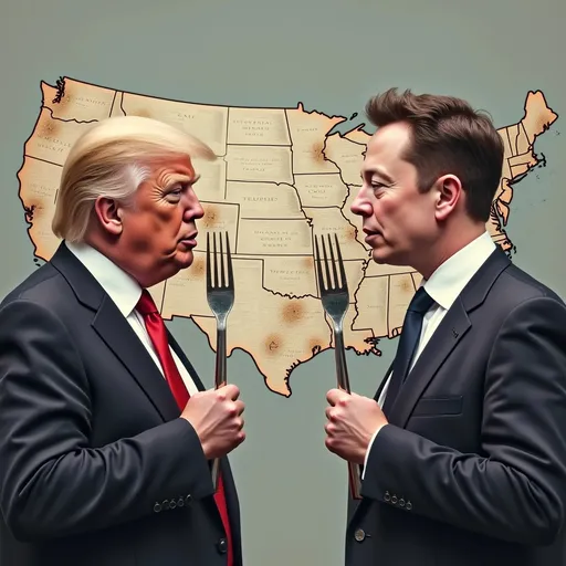 Prompt: Donald Trump and Elon Musk on either side of a map of America with their forks out
