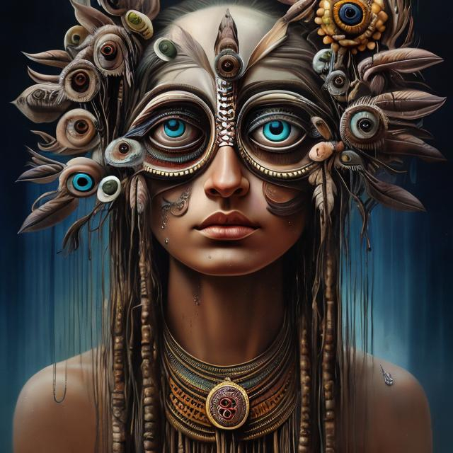 Prompt: Native American ritual, Percolated Waterfall Cyclops Eyeballs Muted Flowers, Surreal, Artwork, Highly detailed, Concept art, Surrealism, Surreal art, Salvador Dali, Fantasy, Artstation by Sill Scaroni, Gold details, woman portrait