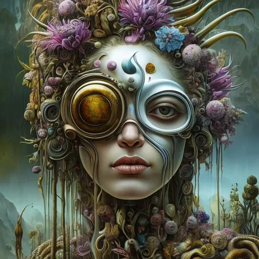 Prompt: Cyclops flowers Muted Flowers, Surreal, Artwork, Highly detailed, Concept art, Surrealism, Surreal art, Salvador Dali, Fantasy, Artstation by Sill Scaroni, Gold details, woman portrait, child native american, Gold details, tropical Forest, aligator on face, flowers, rain, alien space