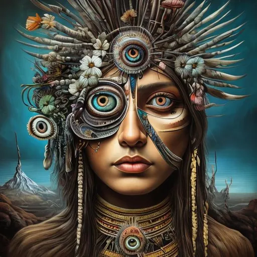 Prompt: Native American, Percolated Waterfall Cyclops Eyeballs Muted Flowers, Surreal, Artwork, Highly detailed, Concept art, Surrealism, Surreal art, Salvador Dali, Fantasy, Artstation by Sill Scaroni, Gold details, woman portrait