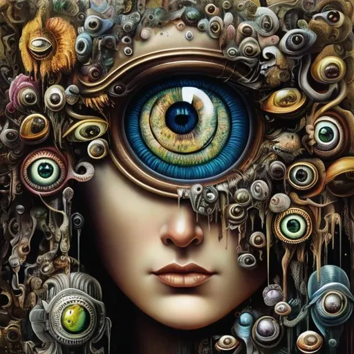 Prompt: Percolated Waterfall Cyclops Eyeballs Muted Flowers, Surreal, Artwork, Highly detailed, Concept art, Surrealism, Surreal art, Salvador Dali, Fantasy, Artstation by Sill Scaroni, Gold details, woman portrait, vivid colors, Sill Scaroni signature