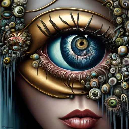 Prompt: Percolated Waterfall Cyclops Eyeballs Muted Flowers, Surreal, Artwork, Highly detailed, Concept art, Surrealism, Surreal art, Salvador Dali, Fantasy, Artstation by Sill Scaroni, Gold details, woman portrair