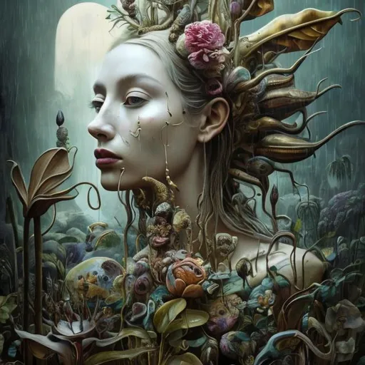 Prompt:  flowers Muted Flowers, Surreal, Artwork, Highly detailed, Concept art, Surrealism, Surreal art, Salvador Dali, Fantasy, Artstation by Sill Scaroni, Gold details, woman portrait, child native american, Gold details, tropical Forest, aligator on face, flowers, rain, alien space