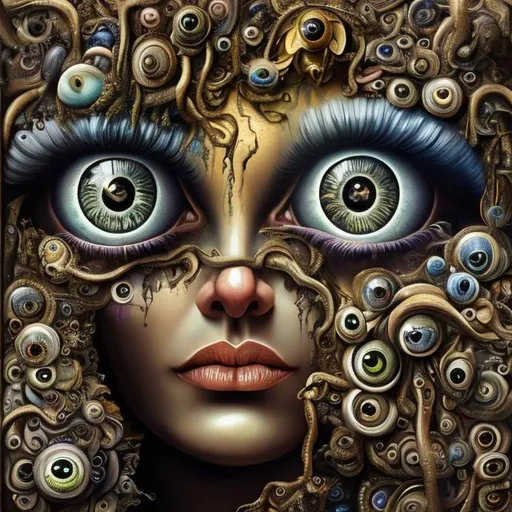 Prompt: Percolated Waterfall Cyclops Eyeballs Muted Flowers, Surreal, Artwork, Highly detailed, Concept art, Surrealism, Surreal art, Salvador Dali, Fantasy, Artstation by Sill Scaroni, Gold details, woman portrait, vivid colors, Sill Scaroni signature