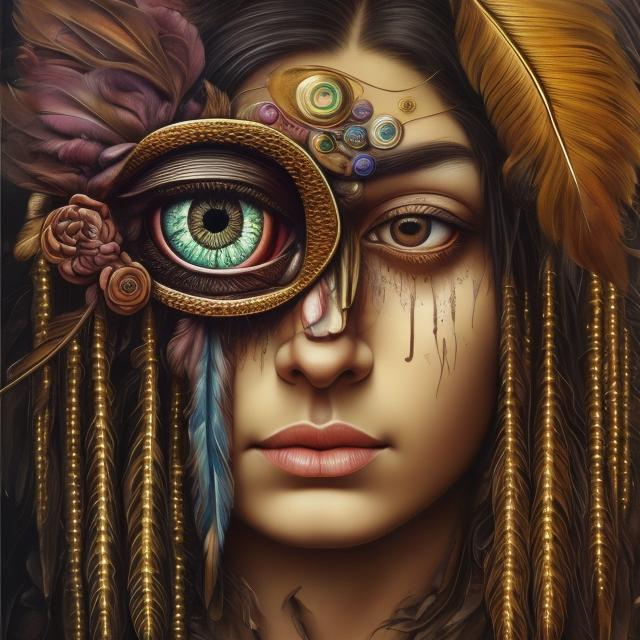 Prompt: Colors Gold feather, Percolated Waterfall Cyclops Eyeballs Muted Flowers, Surreal, Artwork, Highly detailed, Concept art, Surrealism, Surreal art, Salvador Dali, Fantasy, Artstation by Sill Scaroni, Gold details, woman portrait, child native american cultura 