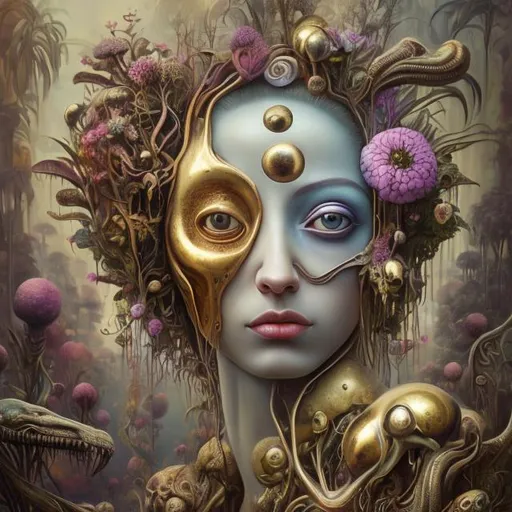 Prompt: Perfect body woman, Cyclops flowers Muted Flowers, Surreal, Artwork, Highly detailed, Concept art, Surrealism, Surreal art, Salvador Dali, Fantasy, Artstation by Sill Scaroni, Gold details, woman portrait, child native american, Gold details, tropical Forest, aligator on face, flowers, rain, alien space, stars