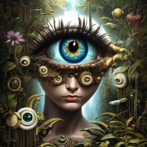 Prompt: Percolated Waterfall Cyclops Eyeballs Muted Flowers, Surreal, Artwork, Highly detailed, Concept art, Surrealism, Surreal art, Salvador Dali, Fantasy, Artstation by Sill Scaroni, Gold details, woman portrait, child native american girl, tropical Forest, aligator Gold details 