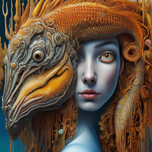 Prompt: Great big red fish on face, Perfect body woman, big great eye yellow, Grey, Orange and BLUE, Cyclops flowers Muted Flowers, Surreal, Artwork, Highly detailed, Concept art, Surrealism, Surreal art, Salvador Dali, Fantasy, Artstation by Sill Scaroni, Gold details, woman portrait, child native american, Gold details, tropical Forest, aligator on face, flowers, rain, alien space, big flowers, Gold snow