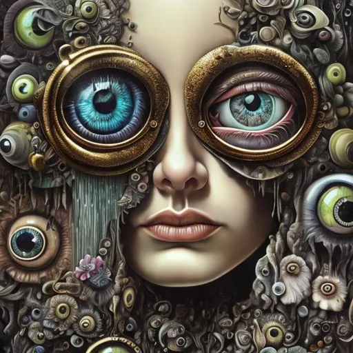 Prompt: Percolated Waterfall Cyclops Eyeballs Muted Flowers, Surreal, Artwork, Highly detailed, Concept art, Surrealism, Surreal art, Salvador Dali, Fantasy, Artstation by Sill Scaroni, Gold details, woman portrait