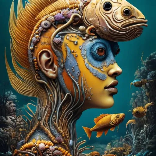 Prompt: Great orange fish on face, Perfect body woman, great eye yellow, Grey, Orange and BLUE, Cyclops flowers Muted Flowers, Surreal, Artwork, Highly detailed, Concept art, Surrealism, Surreal art, Salvador Dali, Fantasy, Artstation by Sill Scaroni, Gold details, woman portrait, child native american, Gold details, tropical Forest, aligator on face, flowers, rain, alien space, stars