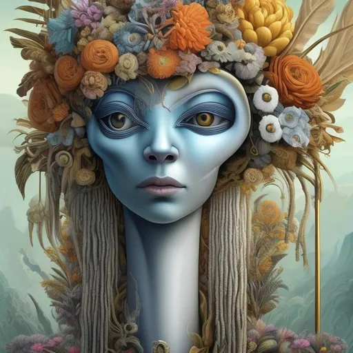 Prompt: Big Great llama on face, Perfect body woman, great eye yellow, Grey, Orange and BLUE, Cyclops flowers Muted Flowers, Surreal, Artwork, Highly detailed, Concept art, Surrealism, Surreal art, Salvador Dali, Fantasy, Artstation by Sill Scaroni, Gold details, woman portrait, child native american, Gold details, tropical Forest, aligator on face, flowers, rain, alien space, stars