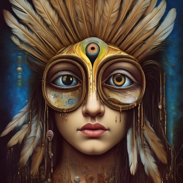 Prompt: Colors Gold feather, Percolated Waterfall Cyclops Eyeballs Muted Flowers, Surreal, Artwork, Highly detailed, Concept art, Surrealism, Surreal art, Salvador Dali, Fantasy, Artstation by Sill Scaroni, Gold details, woman portrait, child native american cultura 