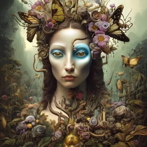 Prompt: Cyclops flowers Muted Flowers, Surreal, Artwork, Highly detailed, Concept art, Surrealism, Surreal art, Salvador Dali, Fantasy, Artstation by Sill Scaroni, Gold details, woman portrait, child native american, Gold details, tropical Forest, aligator on face, flowers, rain, butterflies