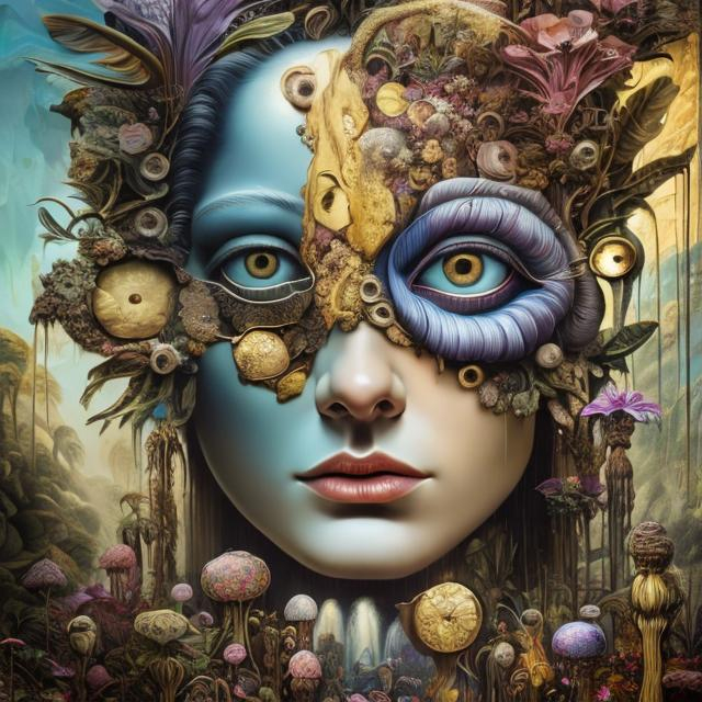 Prompt: Percolated Waterfall Cyclops flowers Muted Flowers, Surreal, Artwork, Highly detailed, Concept art, Surrealism, Surreal art, Salvador Dali, Fantasy, Artstation by Sill Scaroni, Gold details, woman portrait, child native american, Gold details, tropical Forest, aligator on face, flowers, rain