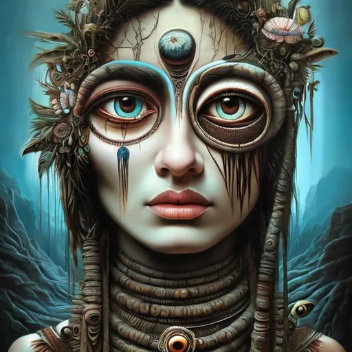 Prompt: Native American ritual, Percolated Waterfall Cyclops Eyeballs Muted Flowers, Surreal, Artwork, Highly detailed, Concept art, Surrealism, Surreal art, Salvador Dali, Fantasy, Artstation by Sill Scaroni, Gold details, woman portrait