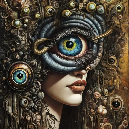 Prompt: Percolated Waterfall Cyclops Eyeballs Muted Flowers, Surreal, Artwork, Highly detailed, Concept art, Surrealism, Surreal art, Salvador Dali, Fantasy, Artstation by Sill Scaroni, Gold details, woman portrait, vivid colors, Sill Scaroni signature, native american