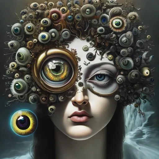 Prompt: Percolated Waterfall Cyclops Eyeballs Muted Flowers, Surreal, Artwork, Highly detailed, Concept art, Surrealism, Surreal art, Salvador Dali, Fantasy, Artstation by Sill Scaroni, Gold details, woman portrait