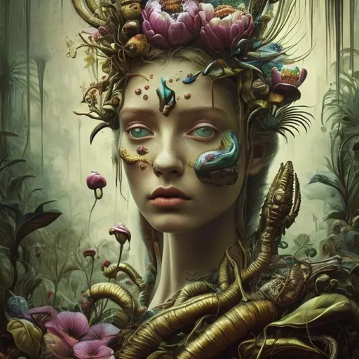 Prompt:  flowers Muted Flowers, Surreal, Artwork, Highly detailed, Concept art, Surrealism, Surreal art, Salvador Dali, Fantasy, Artstation by Sill Scaroni, Gold details, woman portrait, child native american, Gold details, tropical Forest, aligator on face, flowers, rain, alien space