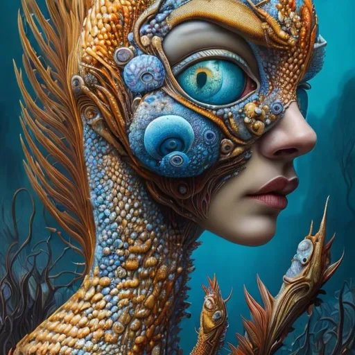 Prompt: Great red fish on face, Perfect body woman, great eye yellow, Grey, Orange and BLUE, Cyclops flowers Muted Flowers, Surreal, Artwork, Highly detailed, Concept art, Surrealism, Surreal art, Salvador Dali, Fantasy, Artstation by Sill Scaroni, Gold details, woman portrait, child native american, Gold details, tropical Forest, aligator on face, flowers, rain, alien space, stars, vibrante colors