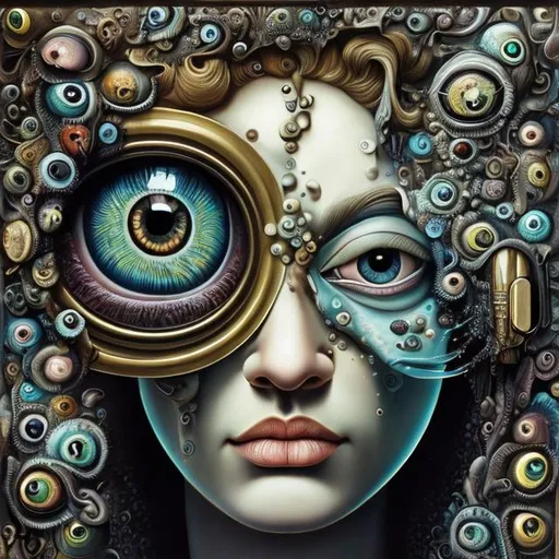 Prompt: Percolated Waterfall Cyclops Eyeballs Muted Flowers, Surreal, Artwork, Highly detailed, Concept art, Surrealism, Surreal art, Salvador Dali, Fantasy, Artstation by Sill Scaroni, Gold details, woman portrait, vivid colors